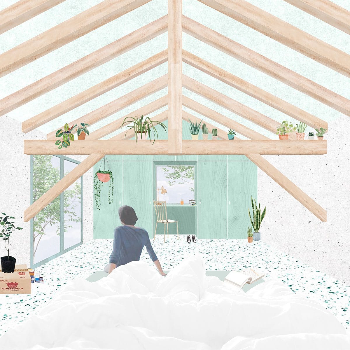 rénovation séchoir à tabac intérieur avec poutres apparentes