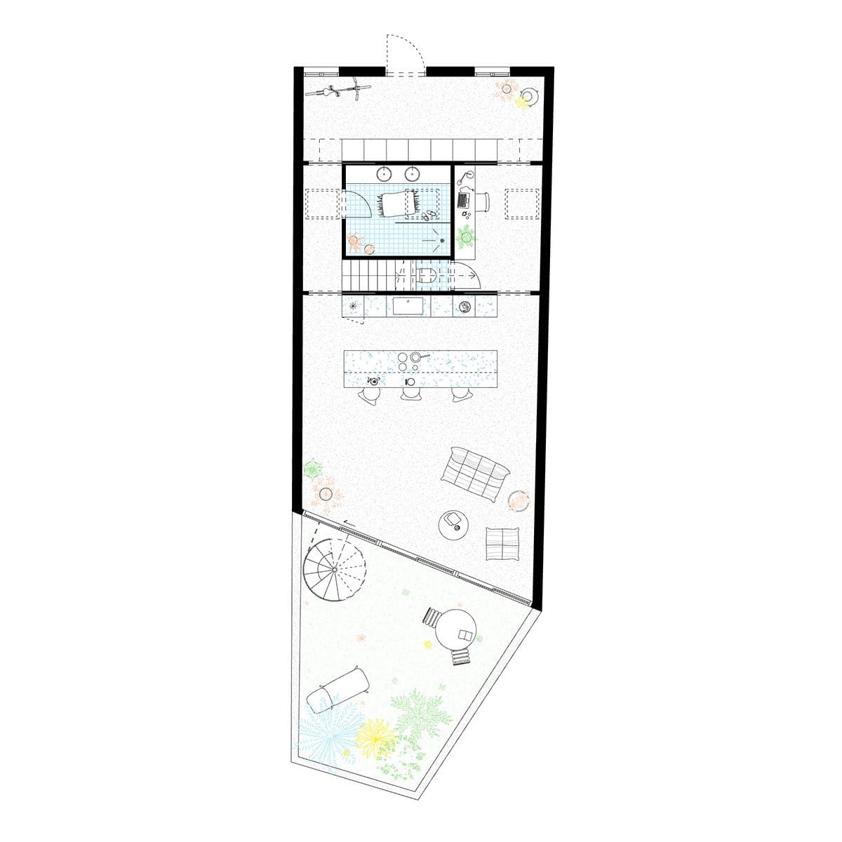 Plan du rez-de-chaussée d’une échoppe bordelaise étroite organisée en profondeur