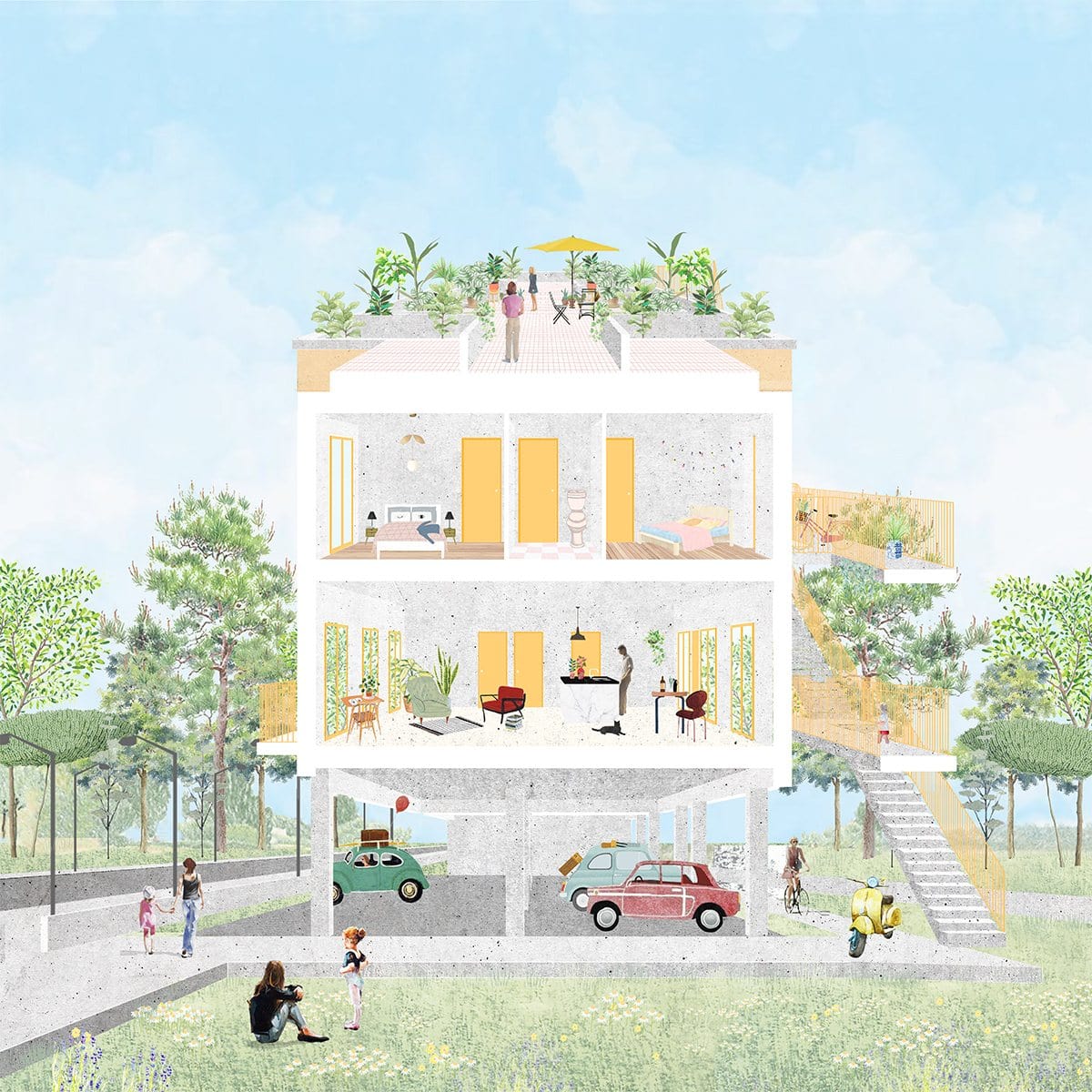 Coupe architecturale d’un projet de logement collectif à Pessac montrant logements, coursives, stationnement et toiture
