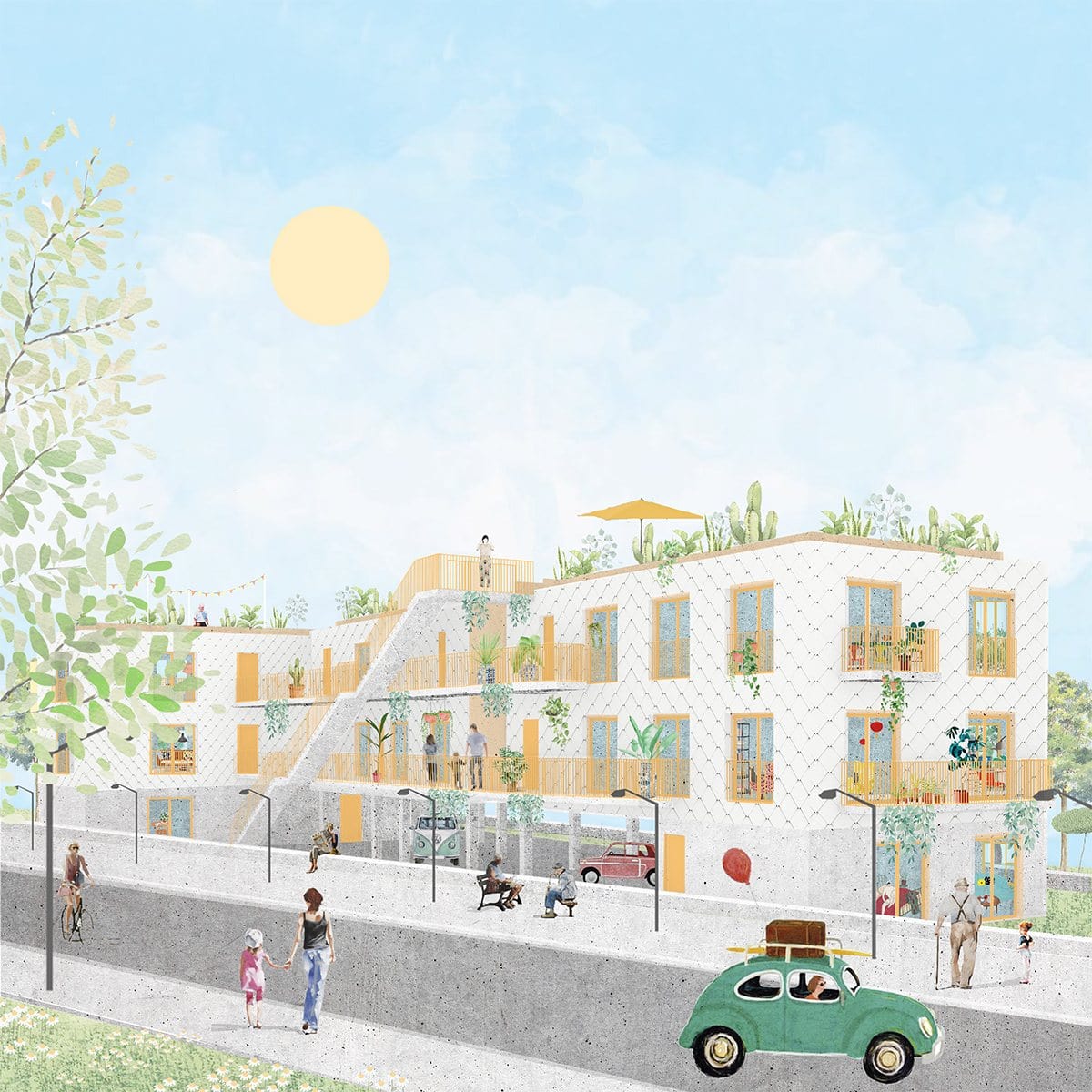 Illustration architecturale d’un projet de logement collectif à Pessac avec coursives et toiture-terrasse