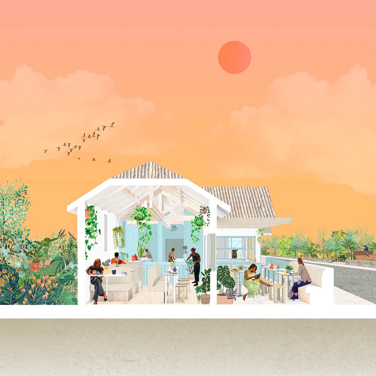 Collage en coupe d’un restaurant mettant en valeur la charpente et les espaces intérieurs