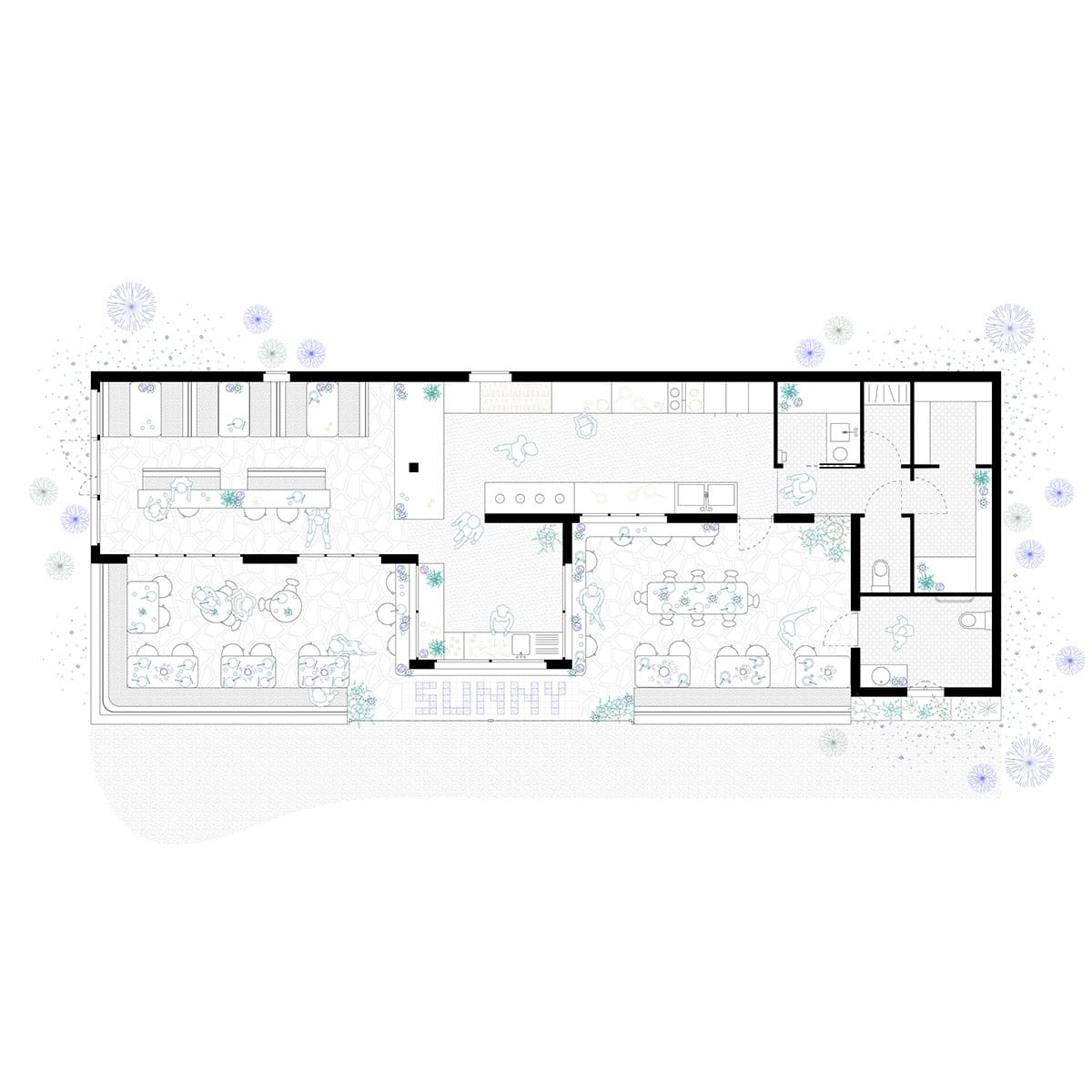 Plan du rez-de-chaussée d’un restaurant avec cuisine, bar, salle et terrasses