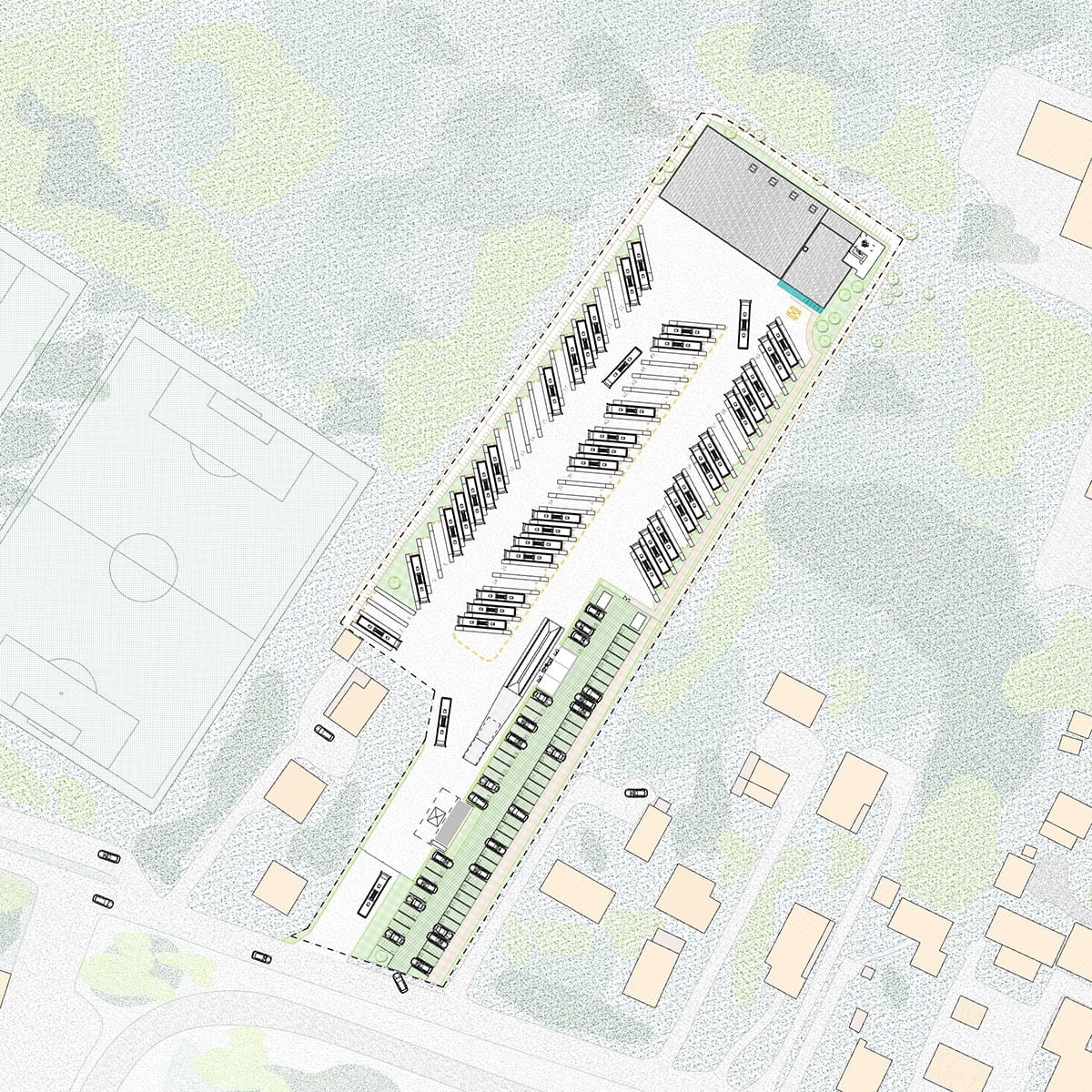 Plan masse du dépôt de bus Keolis avec organisation des bâtiments, stationnements et flux